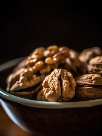 Walnuts in a bowl on a wooden background. Toned.の素材