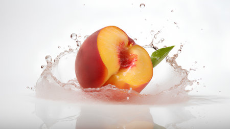 Peach in water splash isolated on white background with clipping path.の素材