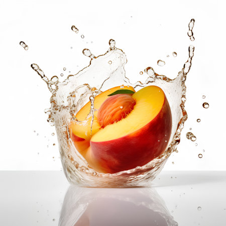 Fresh peach in water splash, isolated on white background with clipping pathの素材