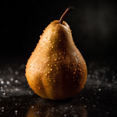 Ripe pears on a black background with water droplets.の素材