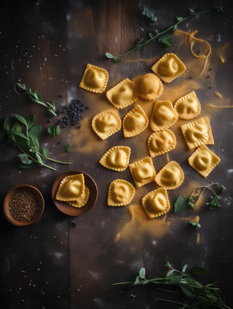 Ravioli with black pepper and thyme on wooden backgroundの素材