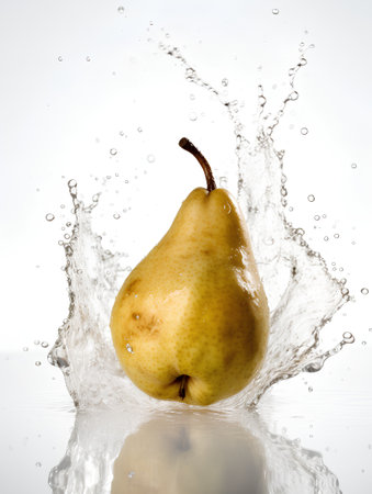 Pear with water splash, isolated on white background, studio shot.の素材