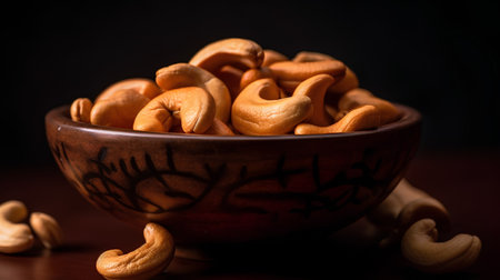 Roasted cashew nuts in a wooden bowl on a black background.の素材