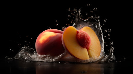 Fresh peaches with water splash on black background. Healthy food concept.の素材