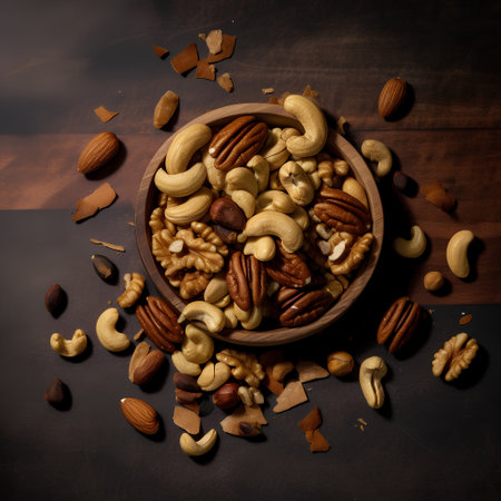 Mix of nuts in wooden bowl on dark background. Top view.の素材