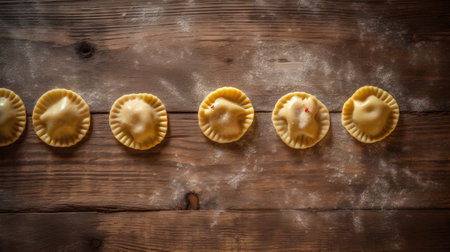 Homemade ravioli on a wooden background. Toned.の素材