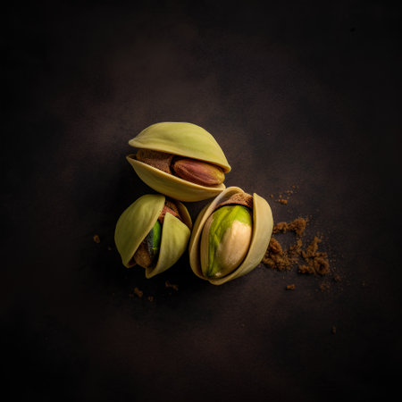 Pistachio nuts on a dark background. Top view.の素材