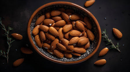 Almond nuts in a bowl on a dark background. Top view.の素材
