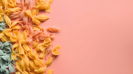 Colored pasta on a pink background. Top view, copy spaceの素材