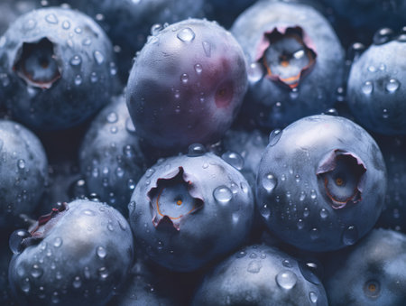 Fresh blueberries with water drops close up. Blueberry background.の素材