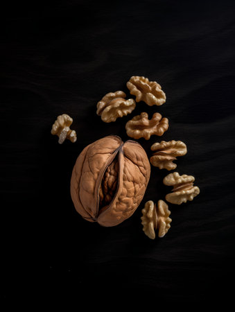 Walnuts on a black background. The concept of healthy eating.の素材