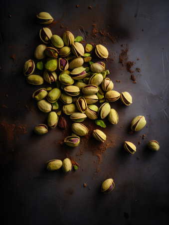 Pistachio nuts and ground cocoa on dark background, top viewの素材