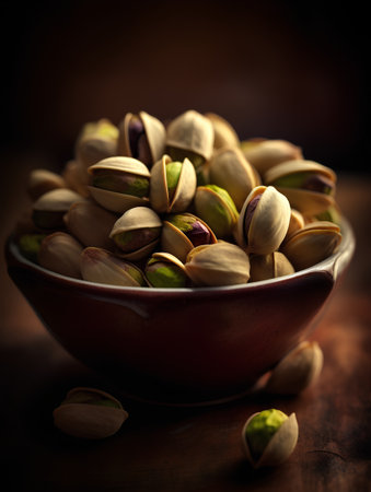 Pistachios in a bowl on a wooden background. Selective focus.の素材