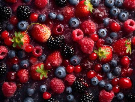 Fresh berries background. Top view. Raspberries, blackberries, raspberries and blueberriesの素材