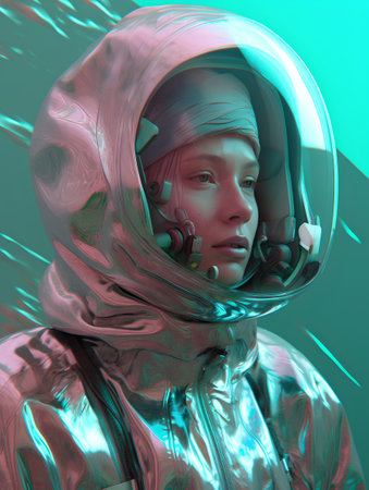 3D rendering of a female astronaut in a spacesuit on a green backgroundの素材