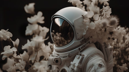 Astronaut in the field of flowers. Black and white image.の素材