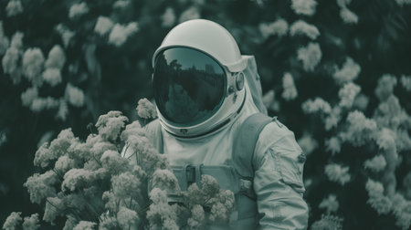 Astronaut in the space suit and helmet on the background of flowersの素材