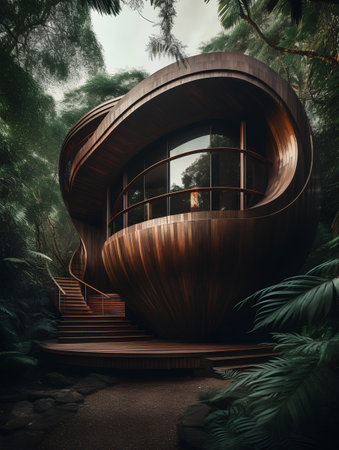 3d rendering of a wooden house in the middle of the jungleの素材