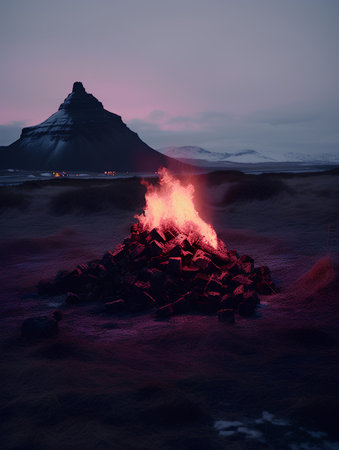 Volcanic landscape of Iceland at sunset. 3D rendering.の素材
