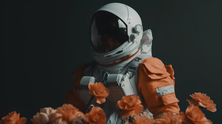 Astronaut with flowers on dark background. 3d rendering.の素材