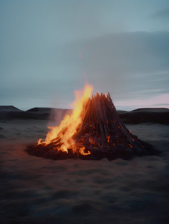Burning bonfire in the desert at sunset. 3d renderingの素材