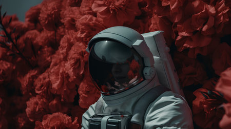 Astronaut in a spacesuit against the background of red flowers.の素材