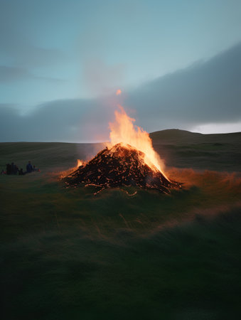 3d render of a volcano on the grassland at sunset.の素材