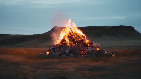 Burning campfire in the meadow at sunset. 3d renderingの素材