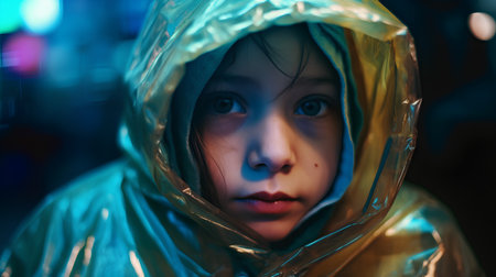 Portrait of a child in a raincoat. Selective focus.の素材