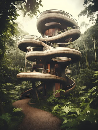 Futuristic building in the jungle. 3D rendering. Vintage style.の素材