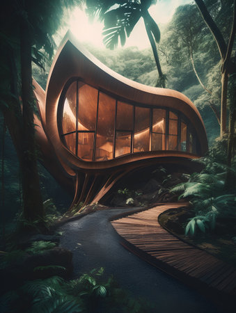 3D rendering of a futuristic building in the jungle with a wooden floorの素材
