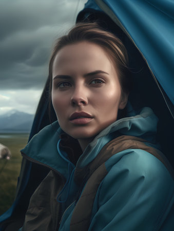 Portrait of a beautiful young woman in a blue jacket on a background of mountainsの素材