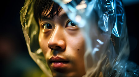 Closeup portrait of a young man with plastic bag on his faceの素材