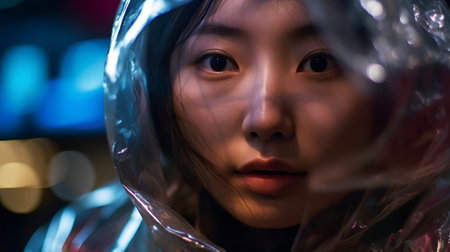 Portrait of beautiful asian girl with plastic bag on her face.の素材