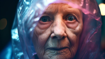 Portrait of an elderly woman in a plastic raincoat. Close-up.の素材
