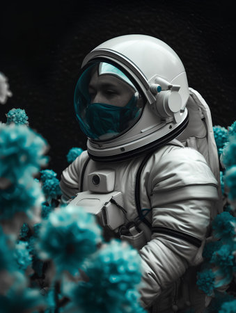 Astronaut in a spacesuit against the background of flowers.の素材