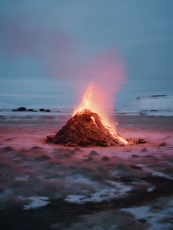 Icelandic volcanic landscape with a burning fire in the foreground, Icelandの素材