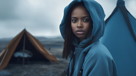 Surprised african american woman with hood standing in front of tent.の素材