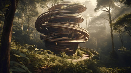 Staircase in the misty forest. 3D Renderingの素材