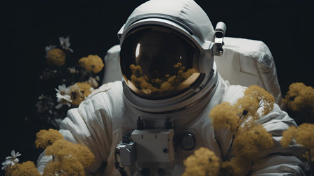 Astronaut in spacesuit and flowers on black background, space conceptの素材