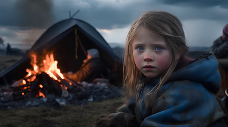 Little girl sitting in front of a campfire in the evening.の素材