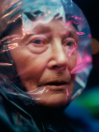 Portrait of an elderly woman in a plastic bag at night.の素材