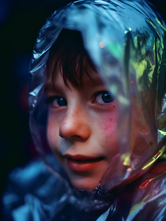 Portrait of a child in a plastic bag on the street.の素材