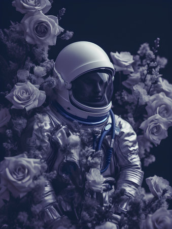 Astronaut in space suit and helmet against a background of flowers.の素材