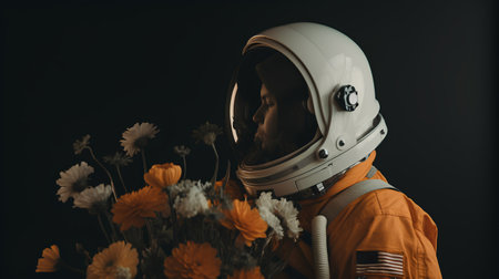Astronaut in helmet with bouquet of flowers on black backgroundの素材