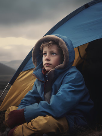 Little boy sitting in a tent in the mountains. The boy is looking at the camera.の素材
