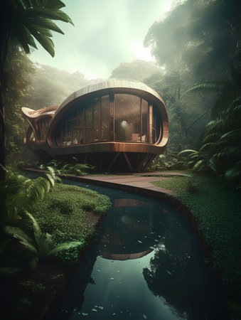 3d rendering of a wooden house in the jungle with a pondの素材