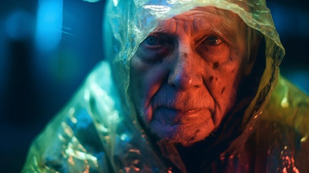 Portrait of an elderly man in a plastic raincoat. Selective focus.の素材