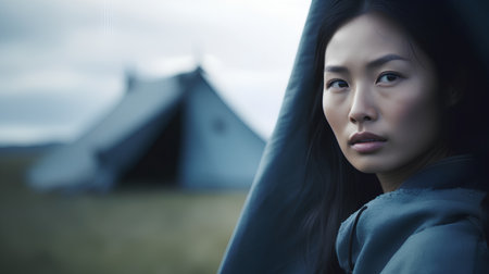 Portrait of beautiful asian woman in front of a tent.の素材