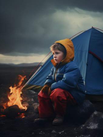 Little boy sitting near campfire and tent. Camping concept.の素材